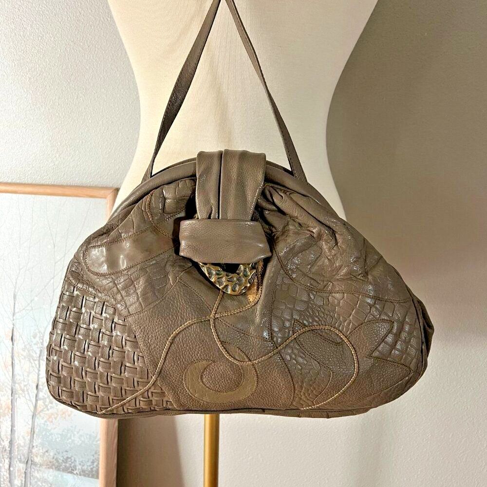 Vintage 1980s Rare Leather Patchwork Quilted Shoulder Purse‎ Lyrella taupe